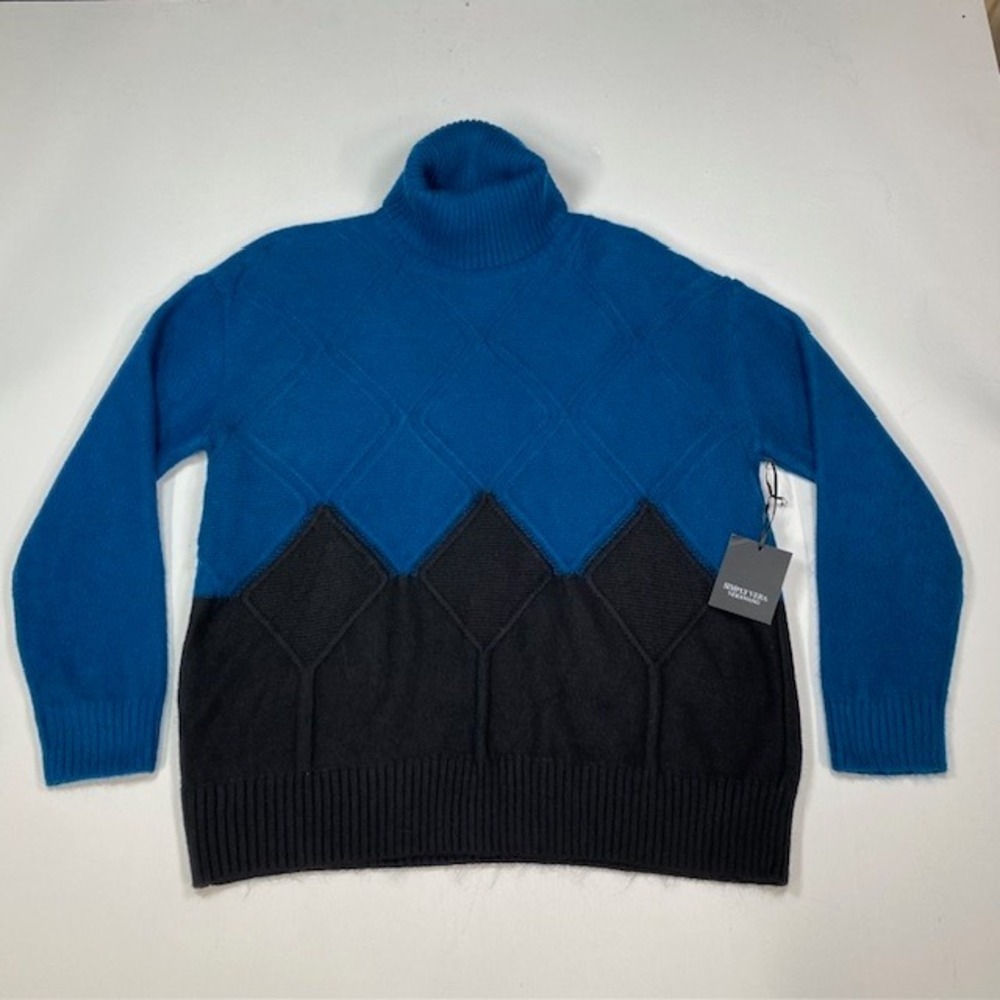 Simply Vera Wang Blue Black Argyle Knit Turtleneck Sweater Size Large
